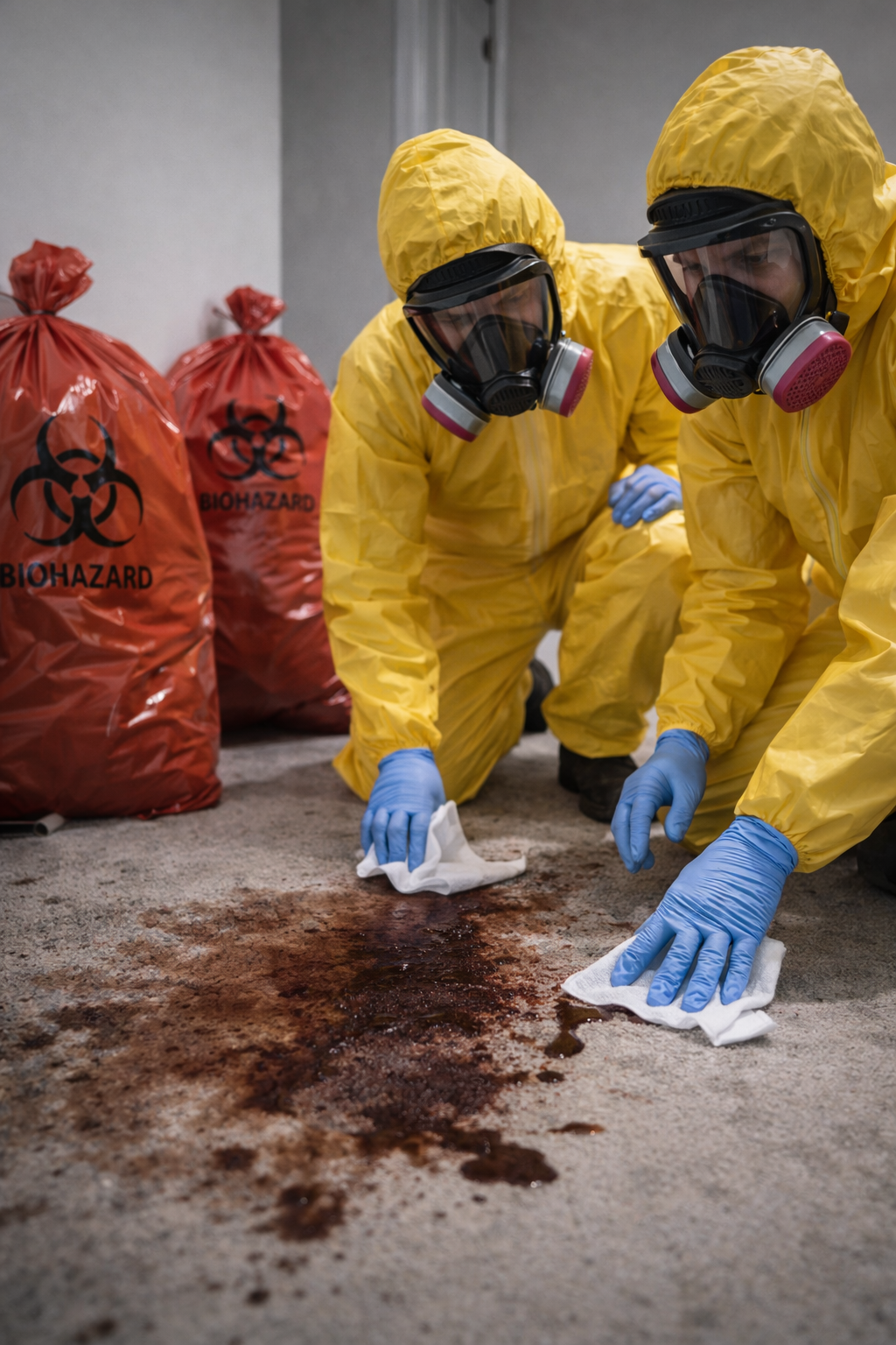 Technician in full protective suit, respirator, gloves, and eye protection performing biohazard cleanup in a residential setting