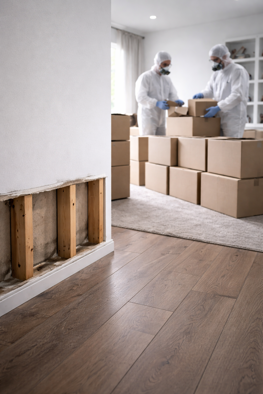 Restoration team documenting and carefully packing household contents during a residential pack-out operation