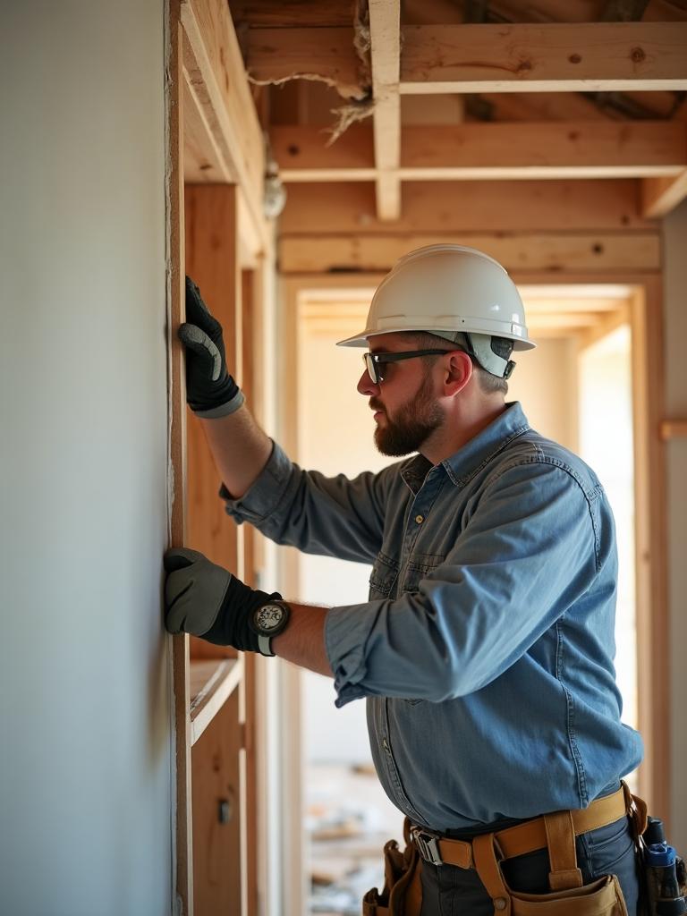 Technician in hard hat performing structural repair work during residential reconstruction after property damage